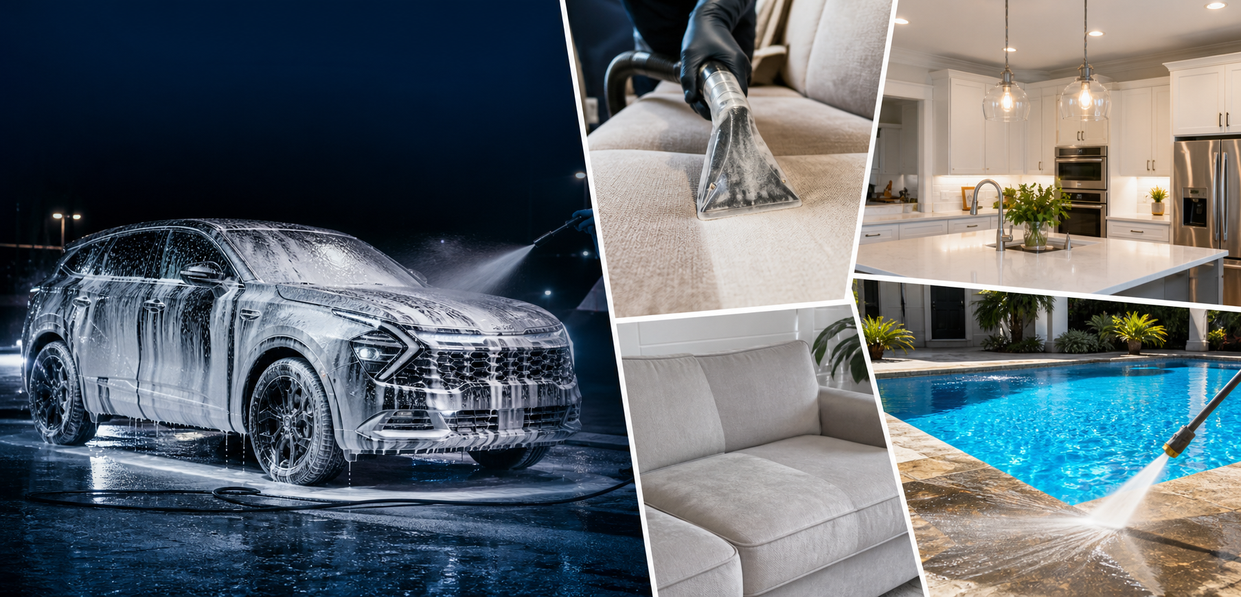 Resultados de limpieza profesional: auto con espuma, sofa, cocina, tapiceria, piscina y exteriores limpios